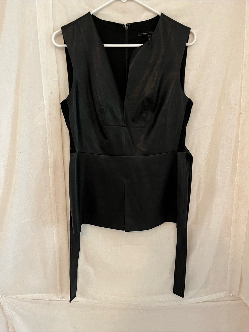 BCBGMaxAzria Black Leather-Look Sleeveless Peplum Top